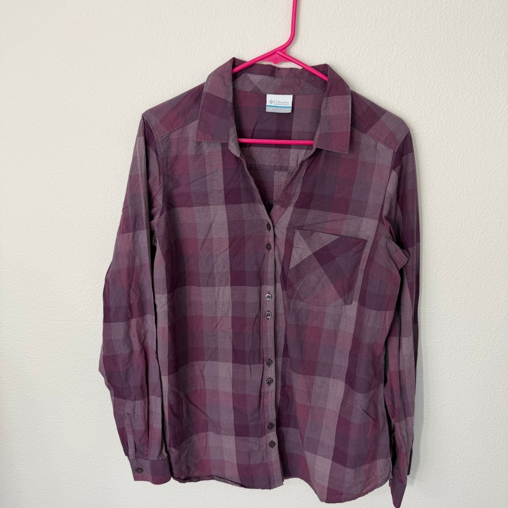 Columbia Plaid Button Down Shirt Womens Large Purple Good Long Sleeve Cotton